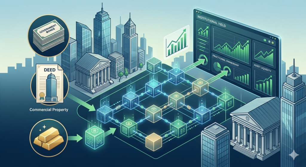 A clean digital illustration showing a modern financial district where traditional institutional assets (property deeds, gold, bonds) are securely tokenizing into digital blockchain tokens to create new yield opportunities.