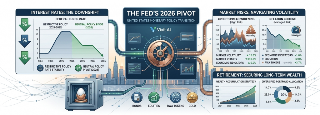 A clean corporate infographic visualizes the Fed’s 2026 monetary policy pivot. A central pivot mechanism with 'THE FED'S 2026 PIVOT' connects modules. The left module shows a downward interest rate shift graph. The right module displays risk charts for credit and inflation. The bottom module visualizes secure retirement wealth, portfolios, and wealth trajectory. The scene is in a modern financial observatory with glowing data streams and a stylized city skyline.