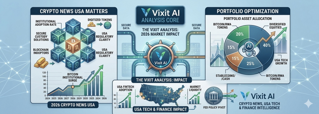 A clean corporate infographic for Vixit AI News, visualizing the convergent forces shaping the 2026 US market. Central 'The Vixit Analysis' with the Vixit AI brand. Key segments include 'CRYPTO NEWS USA MATTERS' showing institutional Bitcoin adoption and regulatory clarity, 'USA TECH & FINANCE IMPACT' regarding Fed terminal rates and economic indicators, and 'PORTFOLIO OPTIMIZATION' displaying a diversified asset allocation pie chart including crypto. Data streams integrate all components, emphasizing integrated intelligence.