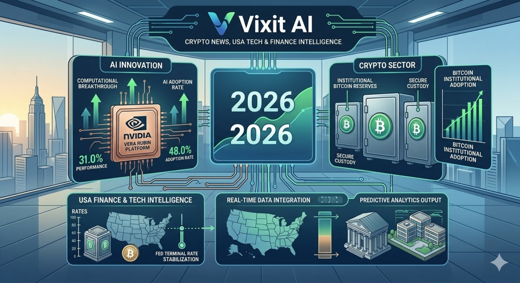 A clean corporate infographic for Vixit AI News, visualizing the convergent forces shaping the 2026 US market. Central '2026' with the 'Vixit AI' brand. Key segments highlight the NVIDIA Vera Rubin AI Platform, institutional Bitcoin surges with secure crypto vaults, and USA financial intelligence regarding Fed terminal rates and economic indicators.