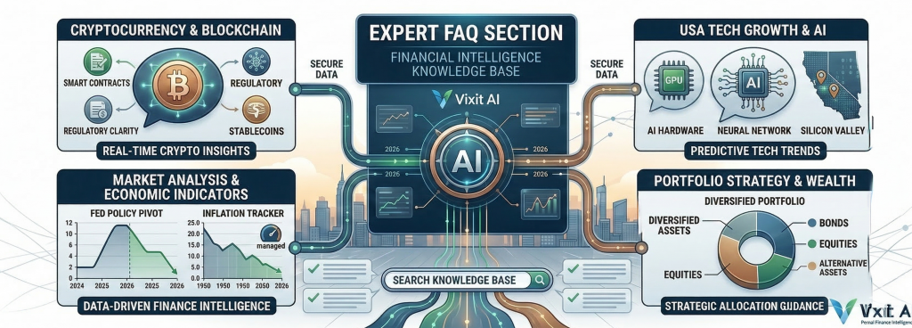 A clean corporate infographic visualizations for Vixit AI News, featuring an integrated knowledge core labeled 'EXPERT FAQ SECTION' and 'FINANCIAL INTELLIGENCE KNOWLEDGE BASE'. Surrounding modules highlight real-time insights for Cryptocurrency (Bitcoin icon), USA Tech Growth (GPU icons, map of Silicon Valley), Market Analysis (interest rate graph), and Portfolio Strategy (diversified pie chart). Data pipelines and secure data trails connect all components against a stylized abstract US city skyline at dawn, emphasizing integrated intelligence delivery.
