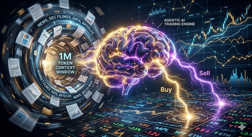 A high-tech, futuristic visualization of an 'Agentic AI Trading Engine'. In the center, a large, glowing, translucent human-like brain, composed of data points and light, is actively processing information. To the left, a turbulent digital vortex labeled '1M TOKEN CONTEXT WINDOW' pulls in massive stacks of flying documents and data points labeled 'NEWS, SEC FILINGS, DATA, ARTICLES' and 'MARKET FILINGS, DATA, ARTICLES'. From the right side of the glowing brain, powerful lightning bolt signals labeled 'Buy' (yellow) and 'Sell' (purple) emerge, striking a digital stock market floor made of a complex grid of financial data and candlestick charts (AAPL, NVDA, ETH). The entire scene is set in a vast, dark, high-contrast digital matrix with dramatic gold and deep purple lighting.