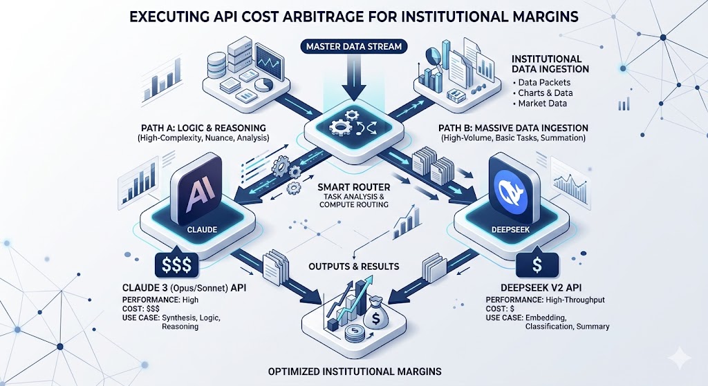 A 3D isometric infographic showing a data workflow labeled "Executing API Cost Arbitrage for Institutional Margins." A "Master Data Stream" enters a central decision node called the "Smart Router," which splits into two paths against a white background with navy accents. Path A, marked "Logic & Reasoning," leads to a panel with the Claude logo and a "$$$" tag, while Path B, marked "Massive Data Ingestion," leads to a panel with the DeepSeek logo and a "$" tag
