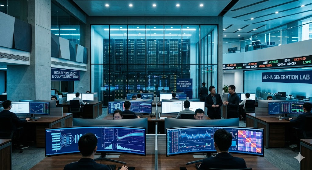 A wide-angle photograph of a sophisticated, high-tech quantitative trading floor with multiple levels. Rows of sleek workstations are filled with employees focused on complex, curved monitors displaying financial data visualizations, charts, and code. The central focus is a large, floor-to-ceiling glass-walled server room packed with glowing server racks. Modern architecture is defined by geometric panels and cool-toned materials. Prominent signs in the space read "HIGH-FLYER LEGACY & QUANT SUBSIDY FUND" and "ALPHA GENERATION LAB," alongside large ticker displays showing real-time market indices such as "SSE" and "GLOBAL INDICES." Several men are visible conversing in professional attire while others work at their desks. The environment is clean, bright, and dominated by cool blue and grey hues.