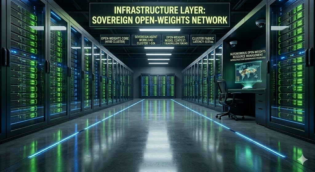 A wide-angle, low-perspective view down a pristine, sophisticated data center aisle with rows of server racks behind glass doors. The racks are populated with glowing green lights from high-performance hardware, and the reflective polished concrete floor is mirror-like, dramatically reflecting the parallel blue LED light strips running along the aisle. On the right, there is a desk with an ergonomic chair and a large, curved terminal screen displaying a world map with data flows. A security camera is mounted above the desk area. A large, prominent text banner hangs above the central aisle reading: "INFRASTRUCTURE LAYER: SOVEREIGN OPEN-WEIGHTS NETWORK". Four smaller labels point to specific rack areas: "OPEN-WEIGHTS CORE (H100 CLUSTER)", "SOVEREIGN AGENT WORKLOAD CLUSTER 1-50k", "OPEN-WEIGHTS MODEL CONTEXT: 1 QUADRILLION TOKENS", and "CLUSTER FABRIC LATENCY: 0.01ns". The screen on the desk also has text: "AUTONOMOUS OPEN-WEIGHTS RESOURCE MANAGEMENT INFRASTRUCTURE GOVERNANCE VISUALIZED". The entire scene is clean, secure, and industrial, emphasizing autonomous infrastructure.