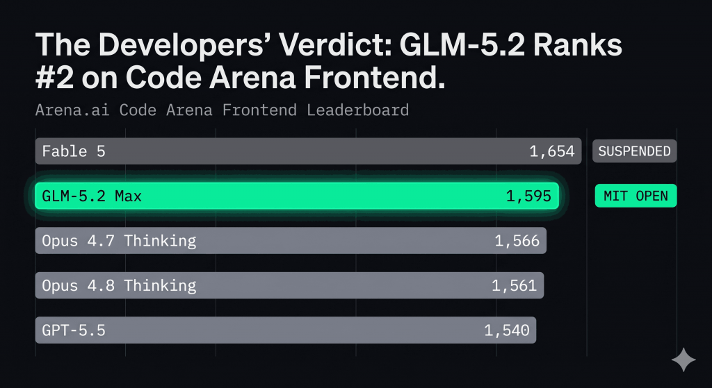 A horizontal bar chart showing GLM-5.2 ranking #2 on the Code Arena Frontend Leaderboard with a score of 1,595, behind Fable 5